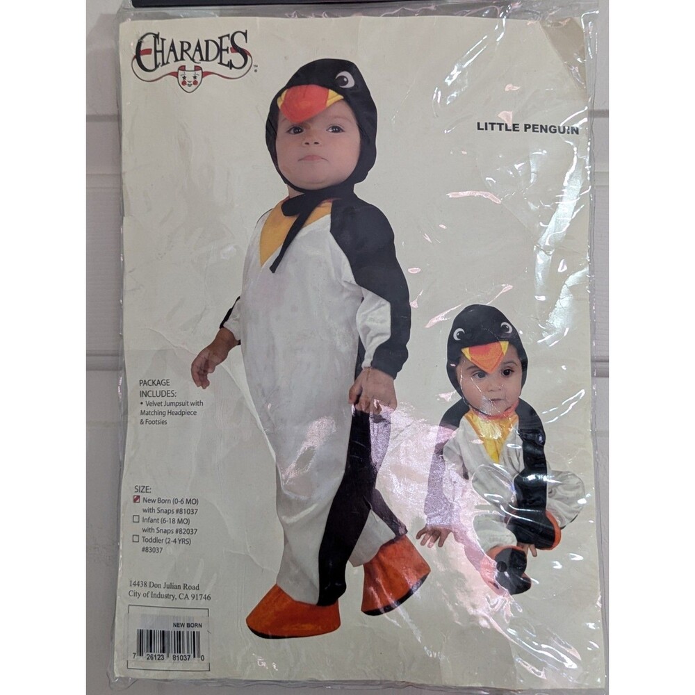 Charades Penguin Halloween Costume Infant 0-6 mos Velvet Jumpsuit Hood Booties